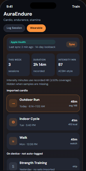 AuraEndure wearable activity import queue